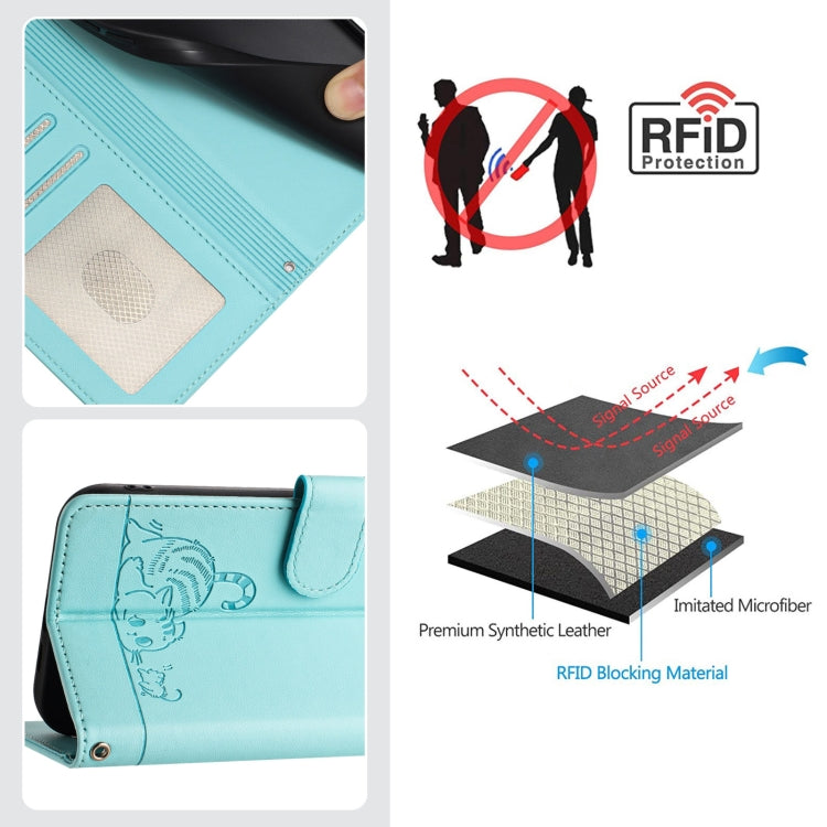 For OPPO Reno11 5G Global Cat Rat Embossed Pattern RFID Leather Phone Case with Lanyard(Mint Green) - Reno11 Cases by buy2fix | Online Shopping UK | buy2fix