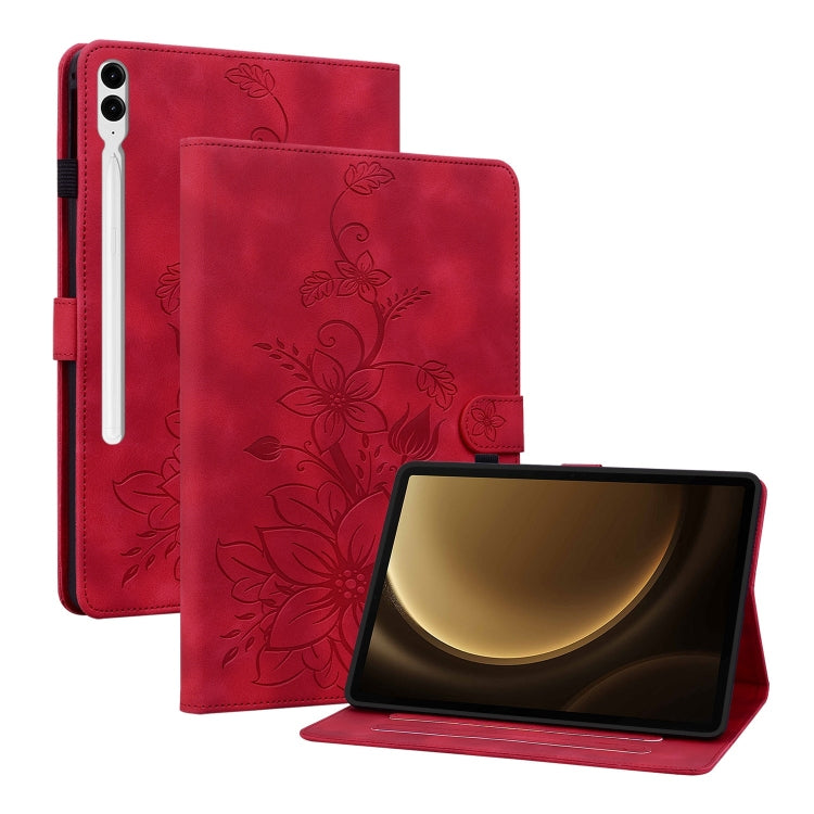 For Samsung Galaxy Tab S9+ / S9 FE+ Lily Embossed Leather Tablet Case(Red) - Galaxy Tab S9+ Cases by buy2fix | Online Shopping UK | buy2fix