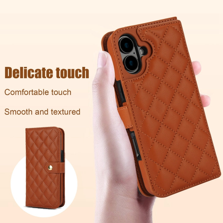 For iPhone 16 Plus Crossbody Multifunction Rhombic Leather Phone Case(Brown) - iPhone 16 Plus Cases by buy2fix | Online Shopping UK | buy2fix