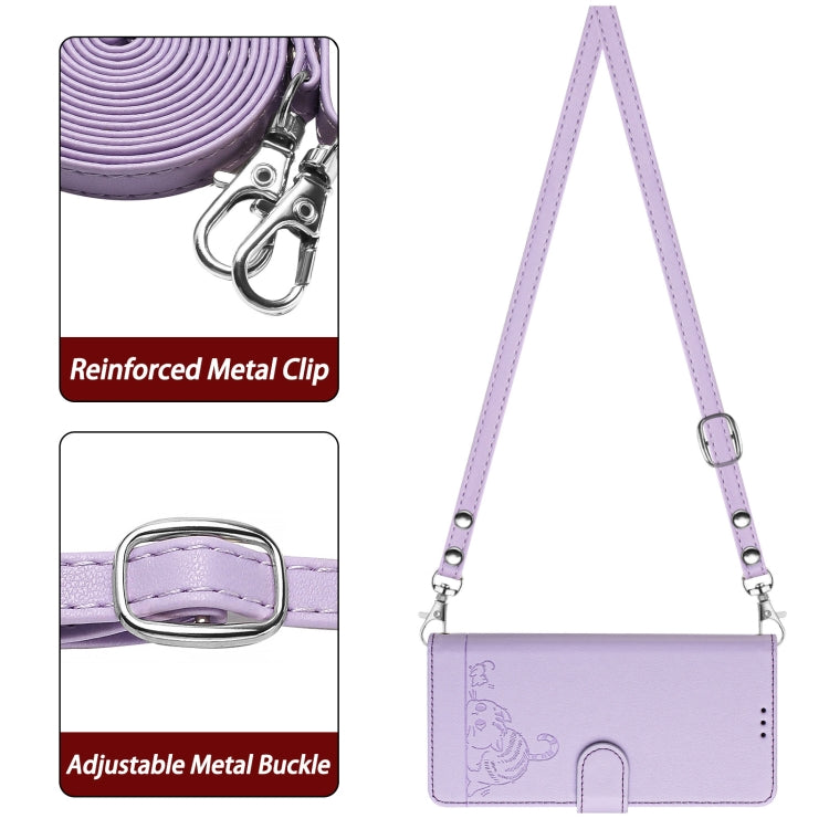 For OnePlus 12 5G Global Cat Rat Embossed Pattern RFID Leather Phone Case with Lanyard(Purple) - OnePlus Cases by buy2fix | Online Shopping UK | buy2fix