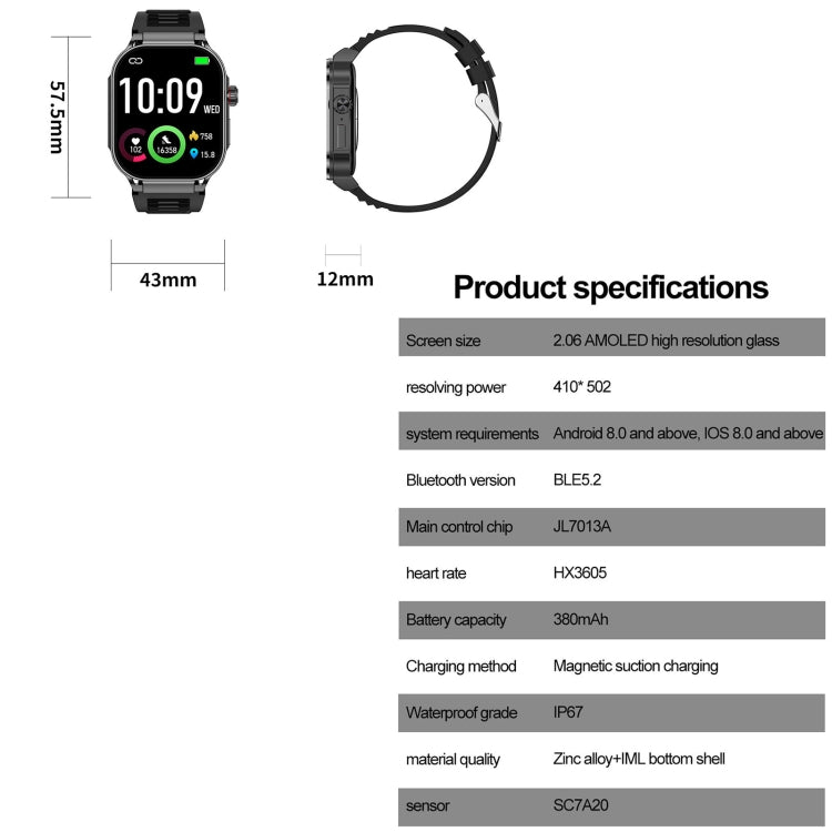 G40S 2.06 inch IP67 BT5.2 Sport Smart Watch, Support Bluetooth Call / Sleep / Blood Oxygen / Heart Rate / Blood Pressure Health Monitor(Black) - Smart Watches by buy2fix | Online Shopping UK | buy2fix