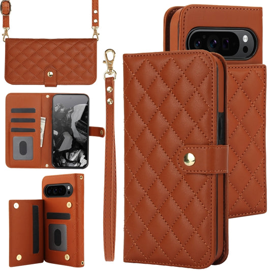 For Google Pixel 9 Pro XL Crossbody Multifunction Rhombic Leather Phone Case(Brown) - Google Cases by buy2fix | Online Shopping UK | buy2fix