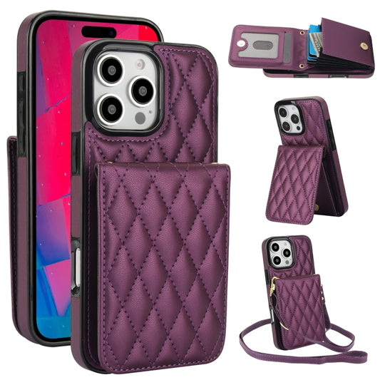 For iPhone 16 Pro Max YM015 Crossbody Rhombic Card Bag RFID Phone Case(Dark Purple) - iPhone 16 Pro Max Cases by buy2fix | Online Shopping UK | buy2fix