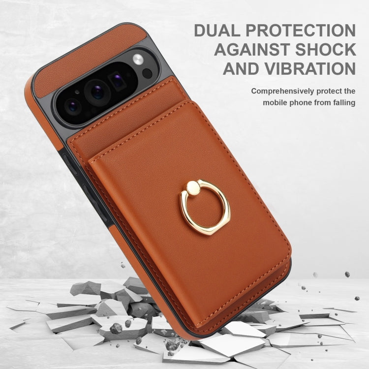 For Google Pixel 9 RFID Anti-theft Card Ring Holder Phone Case(Brown) - Google Cases by buy2fix | Online Shopping UK | buy2fix