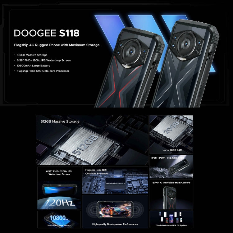 DOOGEE S118 Rugged Phone, 8GB+512GB, 6.58 inch Android 14 MediaTek Helio G99 Octa Core, Network: 4G, OTG, NFC(Black Silver) - DOOGEE by DOOGEE | Online Shopping UK | buy2fix