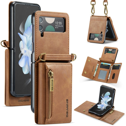 For Samsung Galaxy Z Flip4 5G DG.MING M5 Series Zip RFID Multi Card Detachable Leather Phone Case with Long Lanyard(Brown) - Galaxy Z Flip4 5G Cases by DG.MING | Online Shopping UK | buy2fix