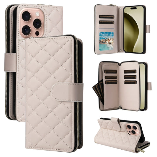 For iPhone 16 Pro Crossbody Rhombic Zipper Tower Buckle Leather Phone Case with Lanyard(Beige) - iPhone 16 Pro Cases by buy2fix | Online Shopping UK | buy2fix