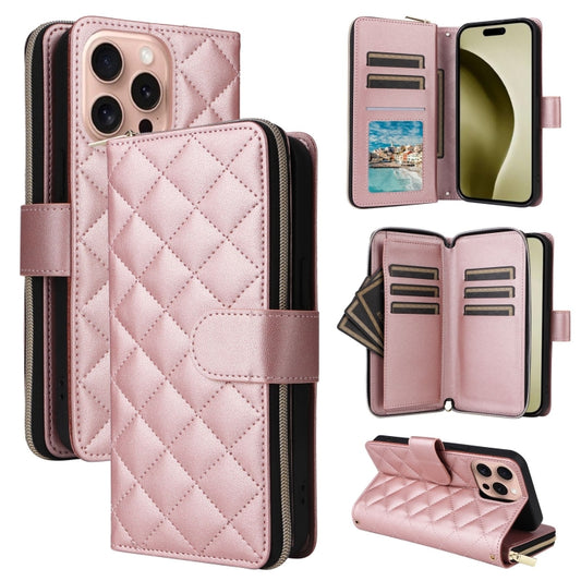 For iPhone 16 Pro Crossbody Rhombic Zipper Tower Buckle Leather Phone Case with Lanyard(Rose Gold) - iPhone 16 Pro Cases by buy2fix | Online Shopping UK | buy2fix