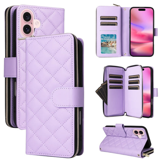 For iPhone 16 Crossbody Rhombic Zipper Tower Buckle Leather Phone Case with Lanyard(Purple) - iPhone 16 Cases by buy2fix | Online Shopping UK | buy2fix