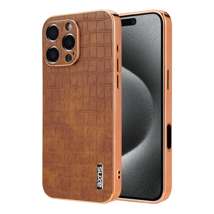 For iPhone 16 Pro AZNS Electroplated Frame Crocodile Texture Full Coverage Phone Case(Brown) - iPhone 16 Pro Cases by AZNS | Online Shopping UK | buy2fix