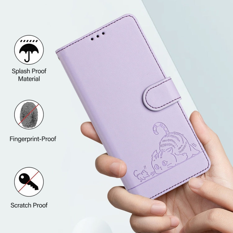 For Blackview Color 8 Cat Rat Embossed Pattern RFID Leather Phone Case with Lanyard(Purple) - More Brand by buy2fix | Online Shopping UK | buy2fix