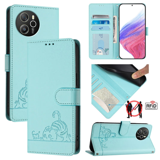 For Blackview Shark 8 Cat Rat Embossed Pattern RFID Leather Phone Case with Lanyard(Mint Green) - More Brand by buy2fix | Online Shopping UK | buy2fix