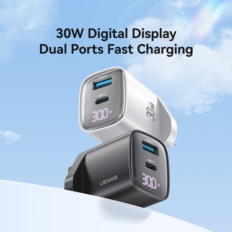 USAMS CC231 30W USB+USB-C / Type-C Dual Port GaN Digital Display Charger, Specifications: UK Plug(Black) - USB Charger by USAMS | Online Shopping UK | buy2fix