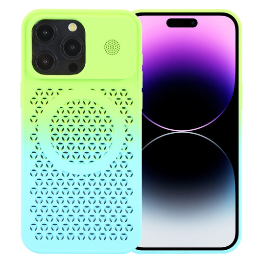 For iPhone 14 Pro Gradient Color Honeycomb Aromatherapy MagSafe Phone Case(Green Blue) - iPhone 14 Pro Cases by buy2fix | Online Shopping UK | buy2fix