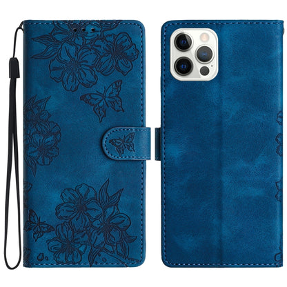 For iPhone 16 Pro Cherry Blossom Butterfly Skin Feel Embossed PU Phone Case(Blue) - iPhone 16 Pro Cases by buy2fix | Online Shopping UK | buy2fix