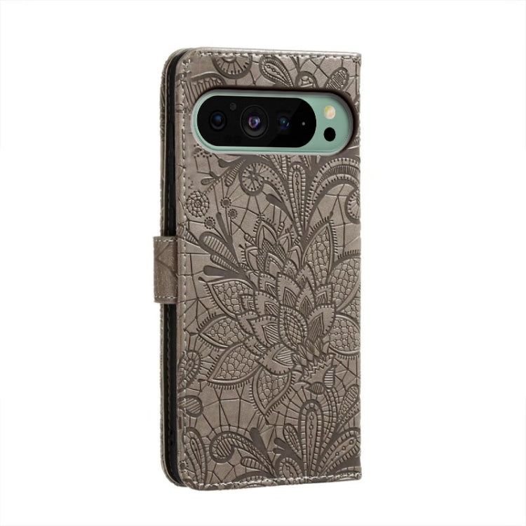 For Google Pixel 9 Lace Flower Embossing Flip Leather Phone Case(Grey) - Google Cases by buy2fix | Online Shopping UK | buy2fix