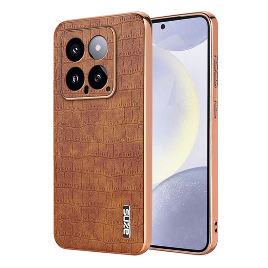 For Xiaomi 14 AZNS Electroplated Frame Crocodile Texture Full Coverage Phone Case(Brown) - 14 Cases by AZNS | Online Shopping UK | buy2fix