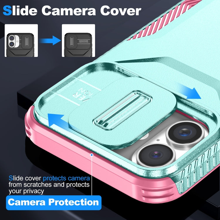 For iPhone 16 Sliding Camshield Phone Case(Grey Green + Pink) - iPhone 16 Cases by buy2fix | Online Shopping UK | buy2fix