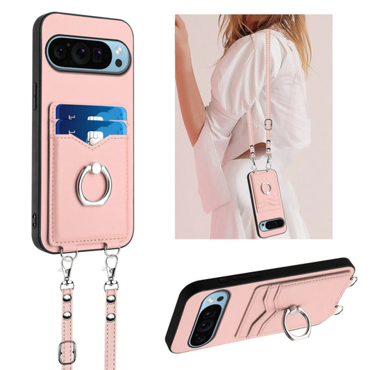 For Google Pixel 9 Pro XL R20 Crossbody Rope Ring Card Holder Phone Case(Pink) - Google Cases by buy2fix | Online Shopping UK | buy2fix