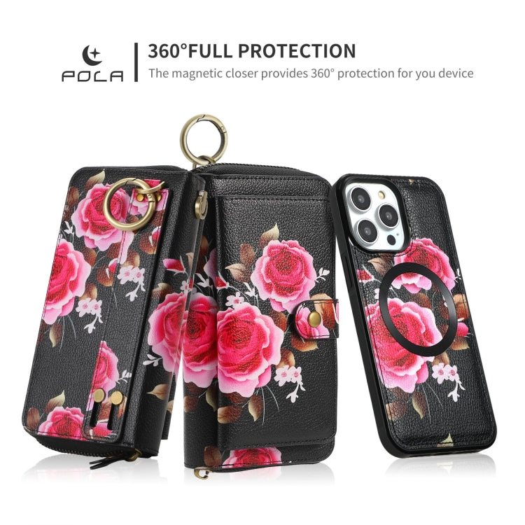 For iPhone 14 POLA MagSafe Flower Multi-functional Zipper Wallet Leather Phone Case(Black) - iPhone 14 Cases by buy2fix | Online Shopping UK | buy2fix