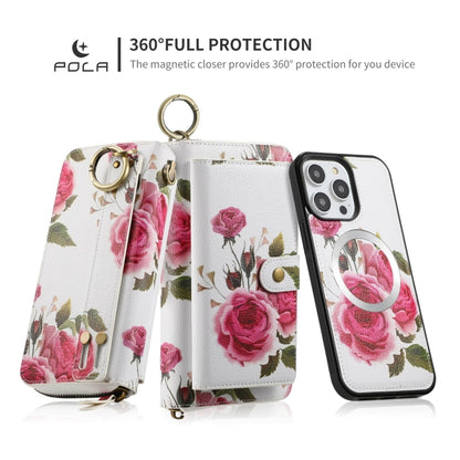 For iPhone 14 Pro POLA MagSafe Flower Multi-functional Zipper Wallet Leather Phone Case(Beige) - iPhone 14 Pro Cases by buy2fix | Online Shopping UK | buy2fix