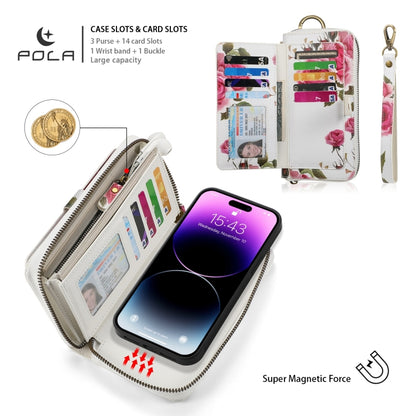 For iPhone 14 Pro POLA MagSafe Flower Multi-functional Zipper Wallet Leather Phone Case(Beige) - iPhone 14 Pro Cases by buy2fix | Online Shopping UK | buy2fix