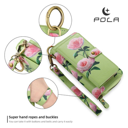 For iPhone 13 POLA MagSafe Flower Multi-functional Zipper Wallet Leather Phone Case(Green) - iPhone 13 Cases by buy2fix | Online Shopping UK | buy2fix