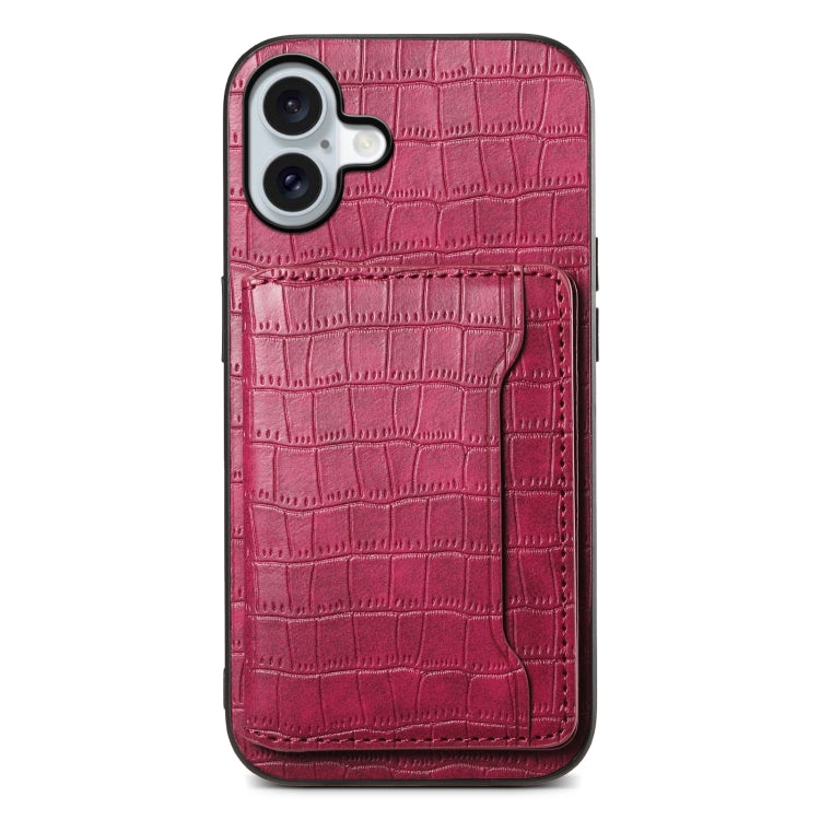 For iPhone 16 Crocodile Texture Card Bag Design Full Coverage Phone Case(Red) - iPhone 16 Cases by buy2fix | Online Shopping UK | buy2fix