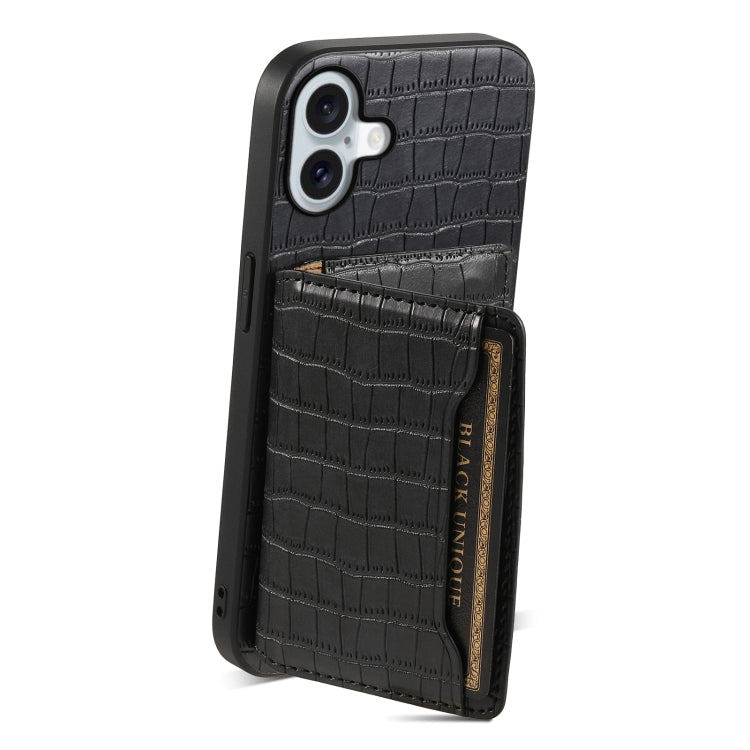 For iPhone 16 Plus Crocodile Texture Card Bag Design Full Coverage Phone Case(Black) - iPhone 16 Plus Cases by buy2fix | Online Shopping UK | buy2fix