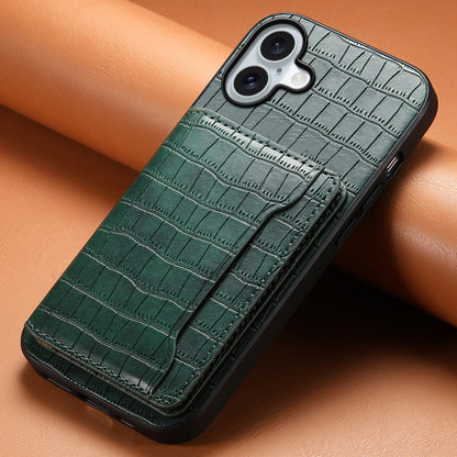 For iPhone 16 Plus Crocodile Texture Card Bag Design Full Coverage Phone Case(Green) - iPhone 16 Plus Cases by buy2fix | Online Shopping UK | buy2fix