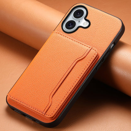 For iPhone 16 Calf Texture Card Bag Design Full Coverage Phone Case(Orange) - iPhone 16 Cases by buy2fix | Online Shopping UK | buy2fix