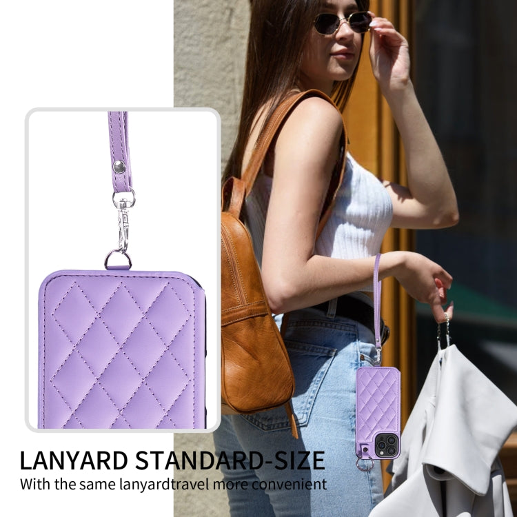 For iPhone 16 Pro Max Rhombic Texture Card Bag Phone Case with Short Lanyard(Purple) - iPhone 16 Pro Max Cases by buy2fix | Online Shopping UK | buy2fix