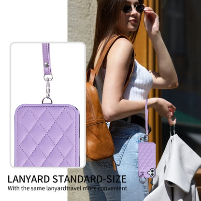 For iPhone 16 Plus Rhombic Texture Card Bag Phone Case with Short Lanyard(Purple) - iPhone 16 Plus Cases by buy2fix | Online Shopping UK | buy2fix