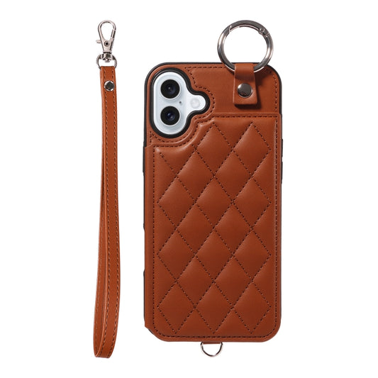 For iPhone 16 Plus Rhombic Texture Card Bag Phone Case with Short Lanyard(Brown) - iPhone 16 Plus Cases by buy2fix | Online Shopping UK | buy2fix