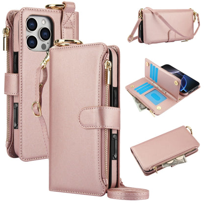 For iPhone 16 Pro Crossbody Ring Multifunctional Wallet Leather Phone Case(Rose Gold) - More iPhone Cases by buy2fix | Online Shopping UK | buy2fix