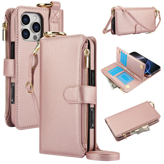 For iPhone 16 Pro Crossbody Ring Multifunctional Wallet Leather Phone Case(Rose Gold) - More iPhone Cases by buy2fix | Online Shopping UK | buy2fix