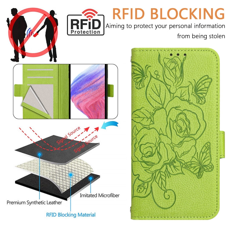 For Samsung Galaxy S25 5G Embossed Rose RFID Anti-theft Leather Phone Case(Green) - Galaxy S25 5G Cases by buy2fix | Online Shopping UK | buy2fix