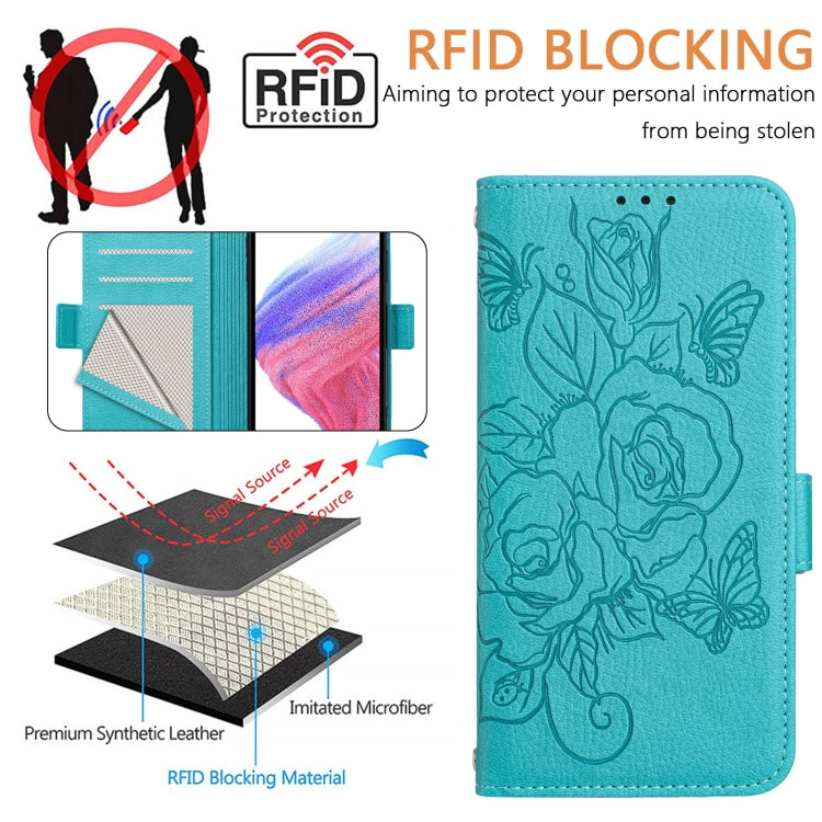 For Samsung Galaxy S25 5G Embossed Rose RFID Anti-theft Leather Phone Case(Light Blue) - Galaxy S25 5G Cases by buy2fix | Online Shopping UK | buy2fix