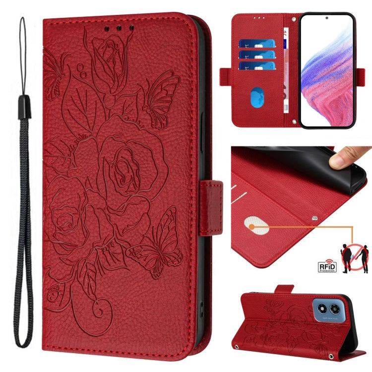 For Motorola Moto G Play 5G / G 5G 2024 Embossed Rose RFID Anti-theft Leather Phone Case(Red) - Motorola Cases by buy2fix | Online Shopping UK | buy2fix