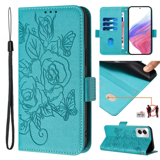 For Motorola Moto G Power 5G 2024 Embossed Rose RFID Anti-theft Leather Phone Case(Light Blue) - Motorola Cases by buy2fix | Online Shopping UK | buy2fix