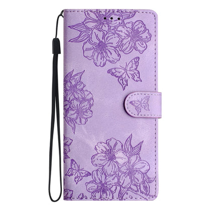 For Samsung Galaxy S25 5G Cherry Blossom Butterfly Skin Feel Embossed PU Phone Case(Purple) - Galaxy S25 5G Cases by buy2fix | Online Shopping UK | buy2fix