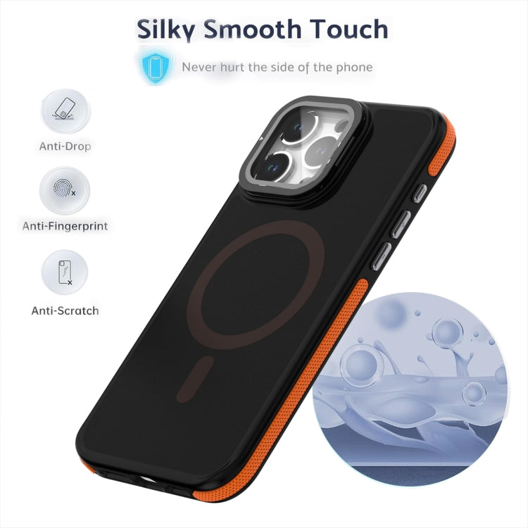 For iPhone 15 Plus Magsafe Dual-Color Skin Feel Lens Film Phone Case with Lens Fold Holder(Orange) - iPhone 15 Plus Cases by buy2fix | Online Shopping UK | buy2fix