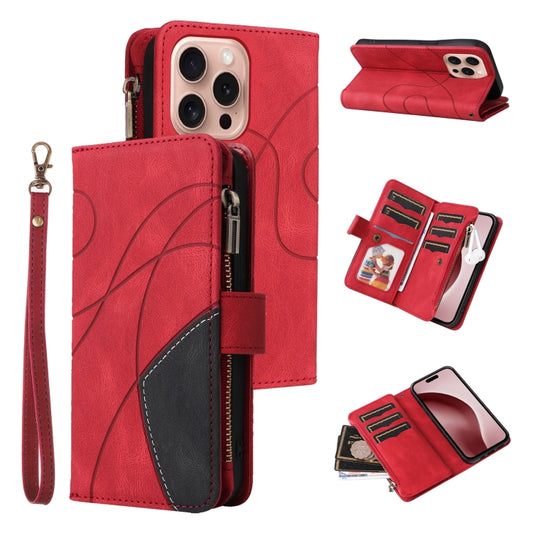 For iPhone 16 Pro Dual-color 9 Card Slots Zipper Wallet Leather Phone Case(Red) - iPhone 16 Pro Cases by buy2fix | Online Shopping UK | buy2fix