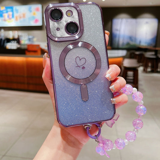 For iPhone 15 Loves Gradient Glitter Bracelets Carbon Fiber Magsafe TPU Phone Case(Purple) - iPhone 15 Cases by buy2fix | Online Shopping UK | buy2fix