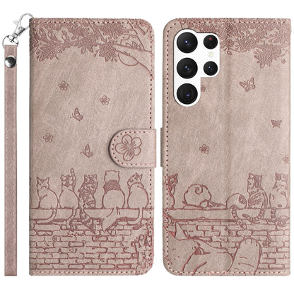 For Samsung Galaxy S25 Ultra 5G Cat Embossing Pattern Leather Phone Case with Lanyard(Grey) - Galaxy S25 Ultra 5G Cases by buy2fix | Online Shopping UK | buy2fix