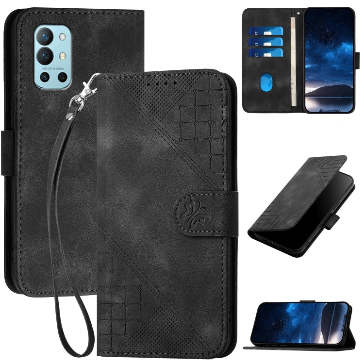 For OnePlus 11 YX0080 Grid Butterfly Embossed Pattern Flip Leather Phone Case with Lanyard(Black) - OnePlus Cases by buy2fix | Online Shopping UK | buy2fix