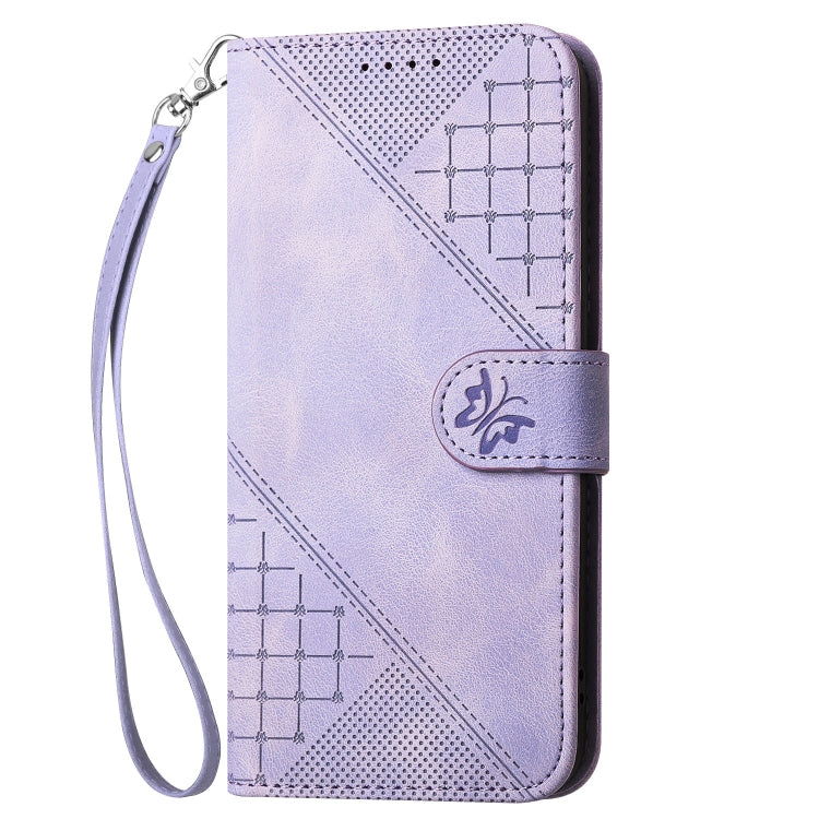 For OnePlus 12 YX0080 Grid Butterfly Embossed Pattern Flip Leather Phone Case with Lanyard(Light Purple) - OnePlus Cases by buy2fix | Online Shopping UK | buy2fix