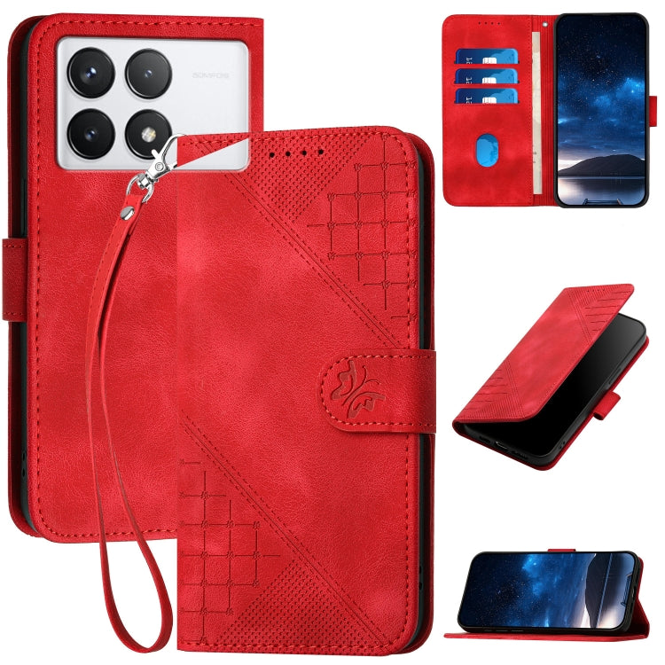 For Redmi K70 YX0080 Grid Butterfly Embossed Pattern Flip Leather Phone Case with Lanyard(Red) - K70 Cases by buy2fix | Online Shopping UK | buy2fix