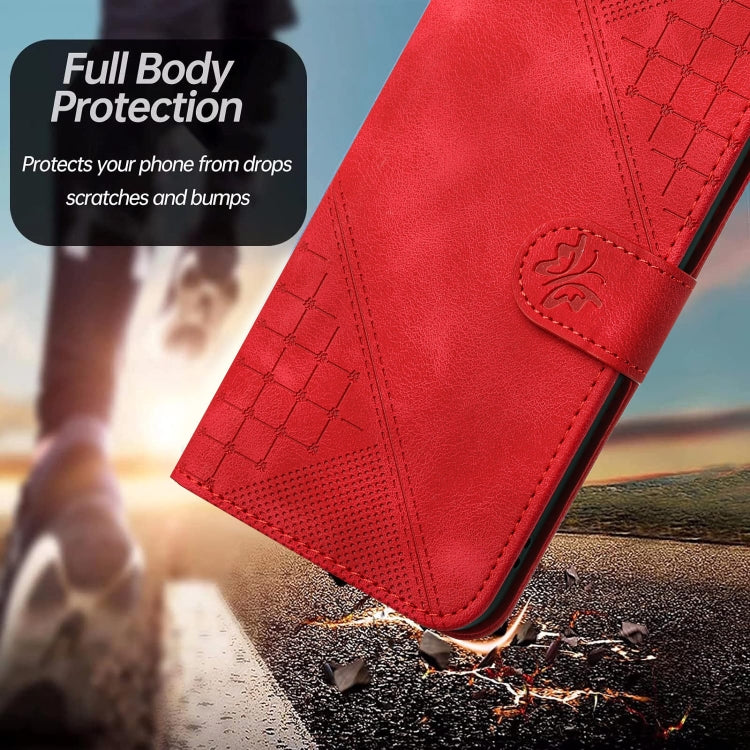 For iPhone 16 Pro YX0080 Grid Butterfly Embossed Pattern Flip Leather Phone Case with Lanyard(Red) - iPhone 16 Pro Cases by buy2fix | Online Shopping UK | buy2fix