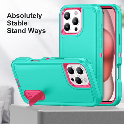 For iPhone 16 Pro Max Rugged PC + Silicone Phone Case with Holder(Light Green+Rose Red) - iPhone 16 Pro Max Cases by buy2fix | Online Shopping UK | buy2fix